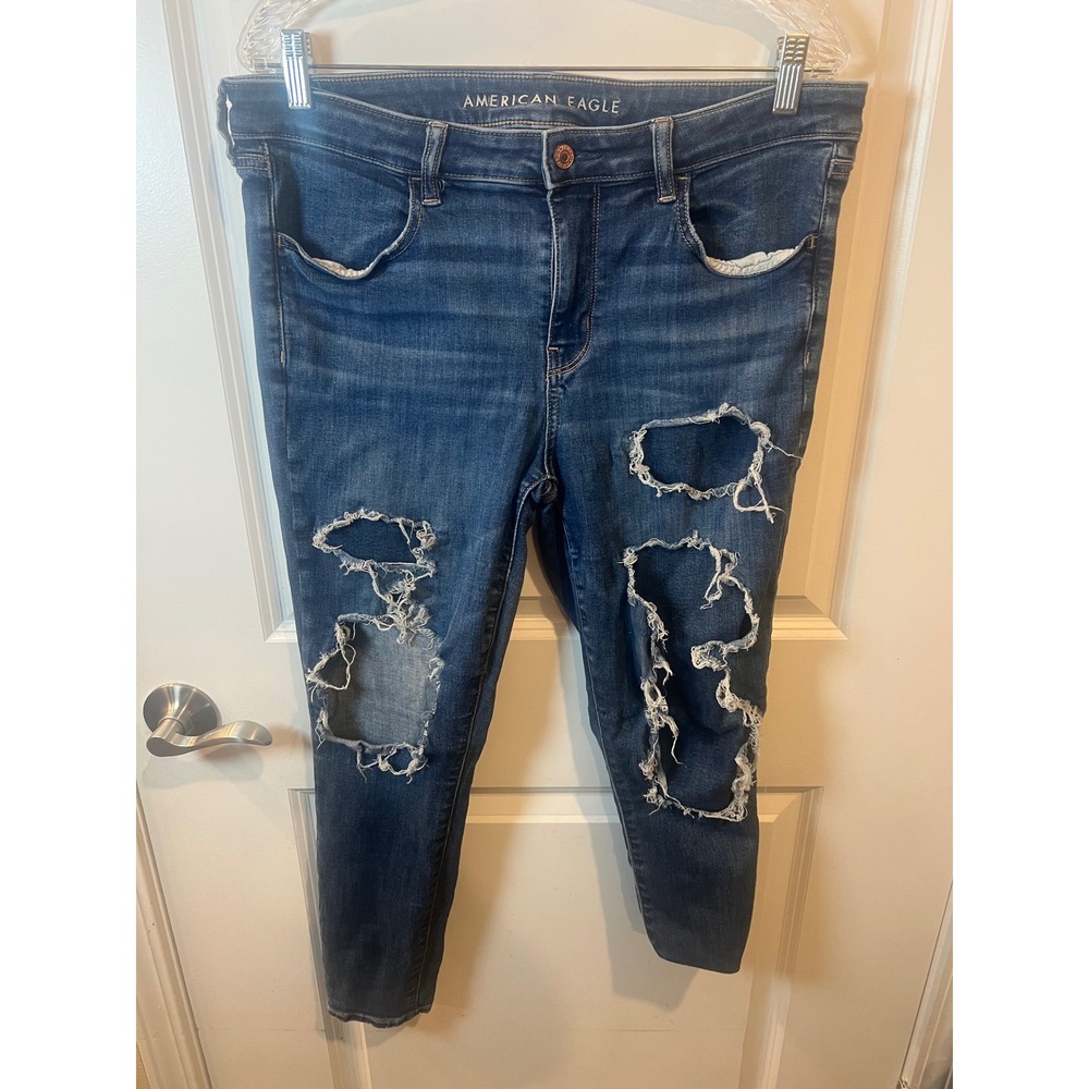 American Eagle Womens Jeans Distressed Next Level Stretch Blue 14 Short
